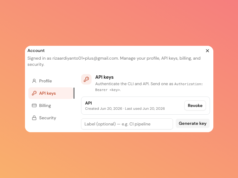 The API keys section in the account dialog
