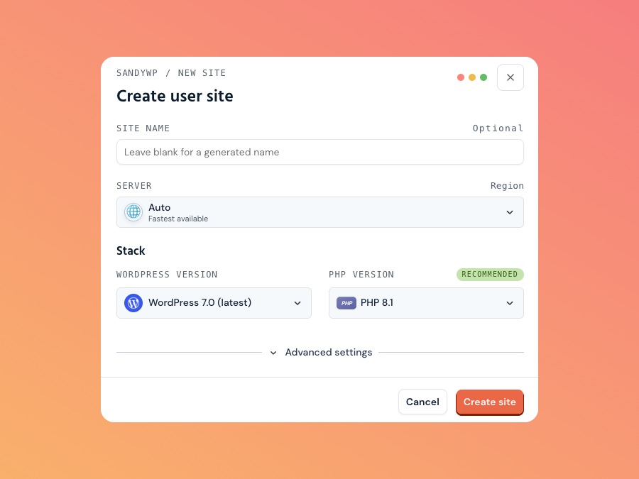 The New sandbox form site name, WordPress version, and PHP version