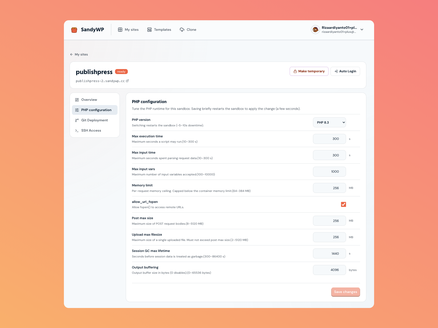 The PHP configuration panel on the sandbox detail page