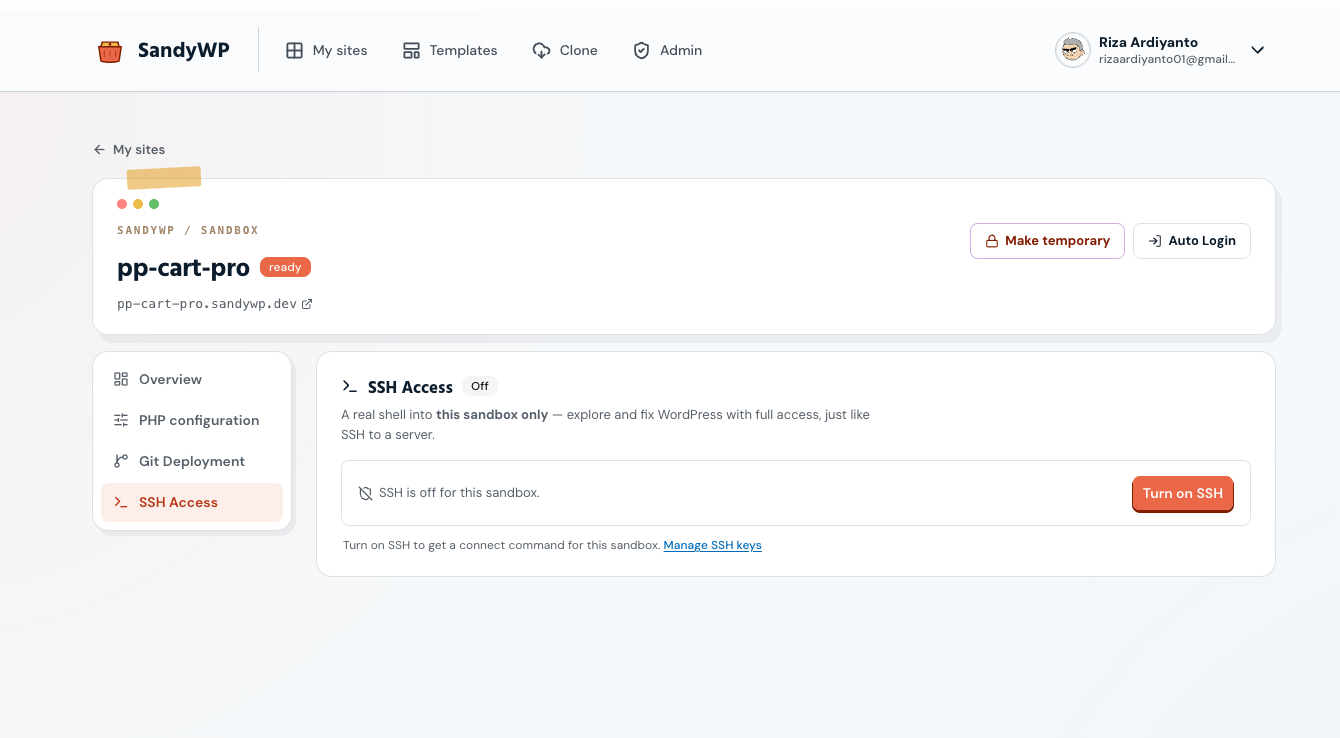 The SSH Access panel on a sandbox's detail page, with the Turn on SSH button and Manage SSH keys link