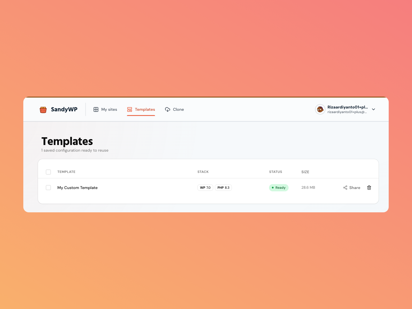 The Templates tab with a saved template ready to launch